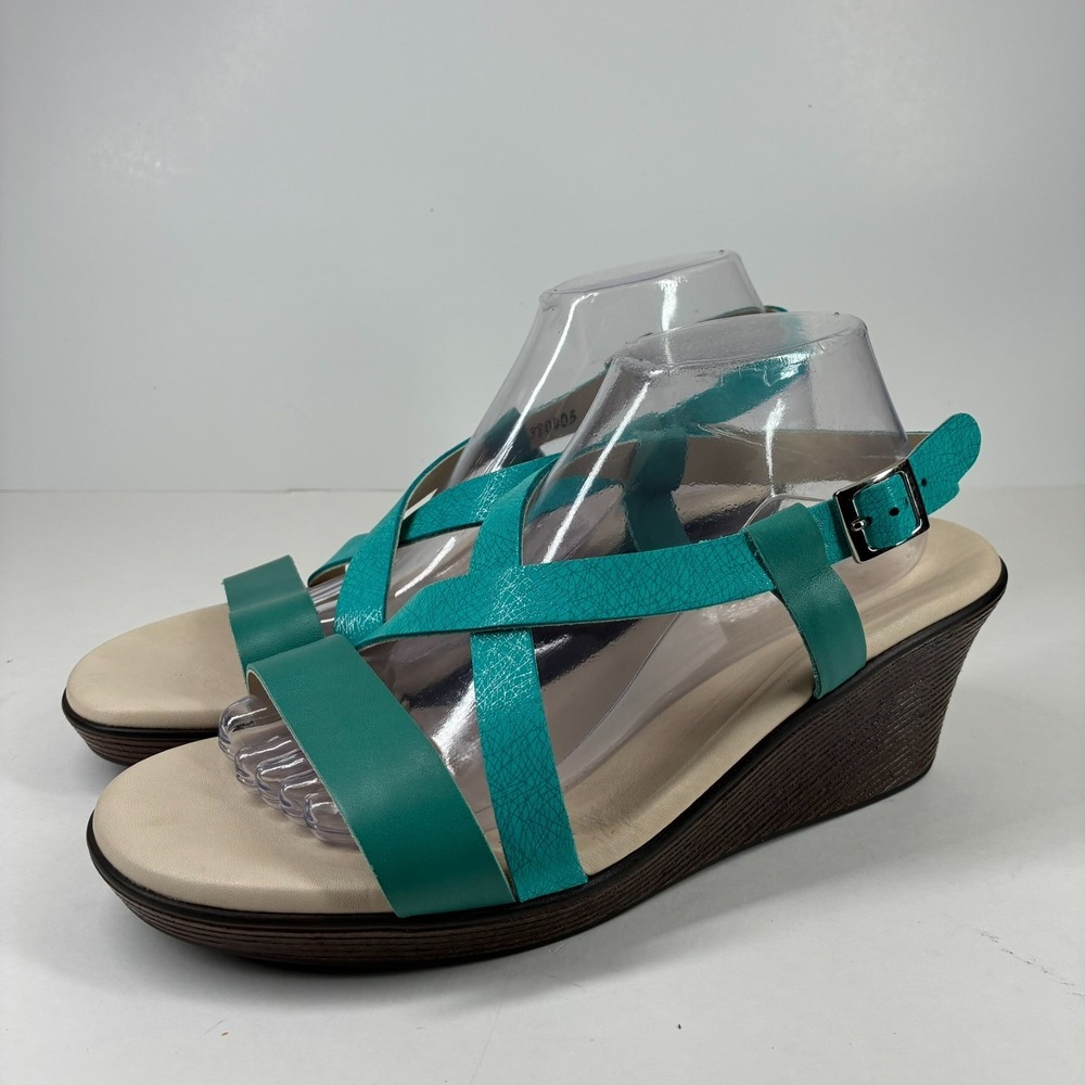 SAS Delight Women's US 10.5M Turquoise Leather Comfort Cross-Strap Wedge Sandals